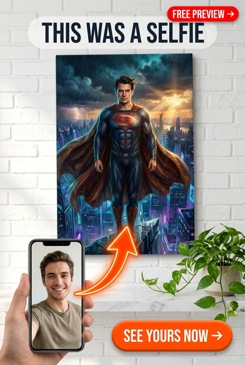 Custom Superhero Man Portrait — Heroic City Skyline Canvas