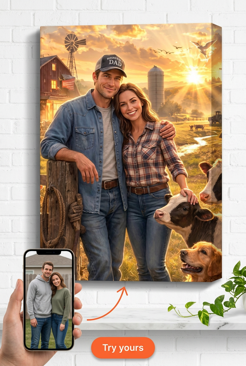 Custom Cowboy Couple Portrait — Farm & Sunset Canvas from Photo
