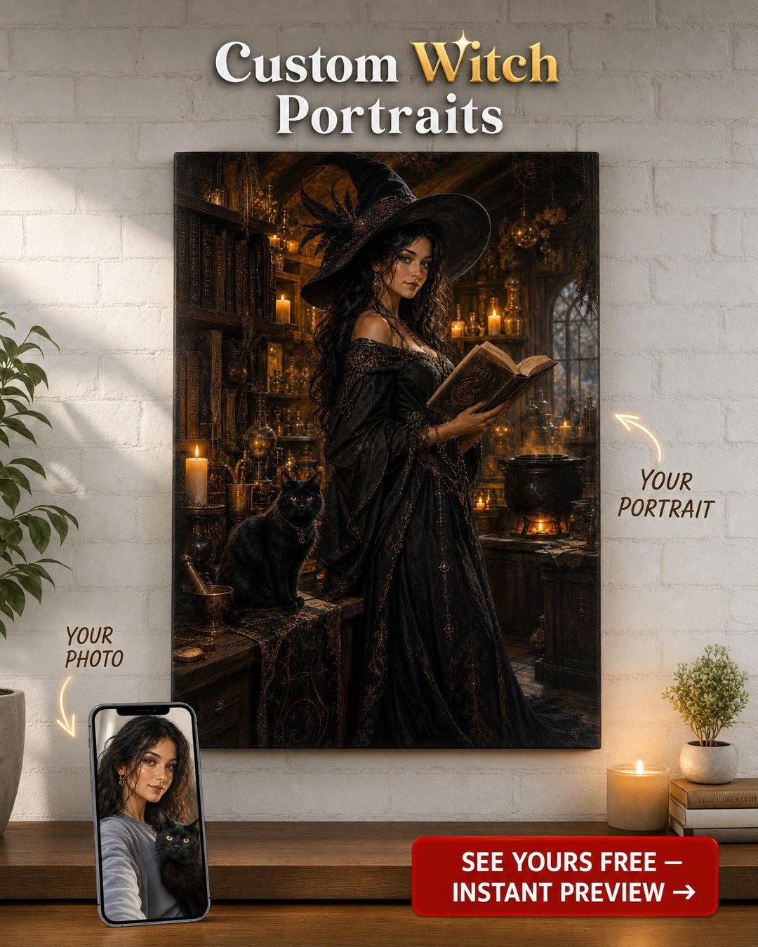 Witch & Familiar Custom Portrait from Photo | Personalized Canvas Gift