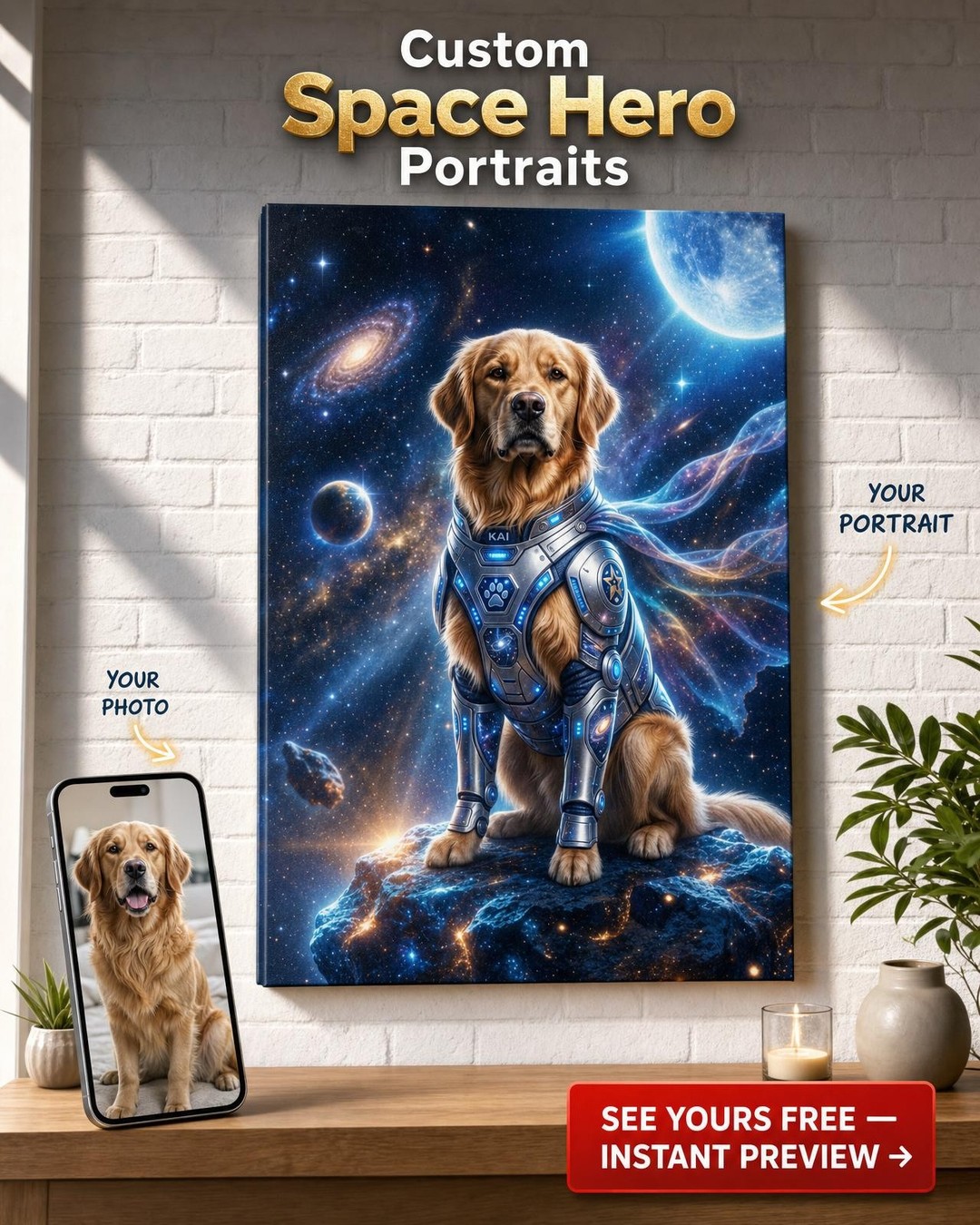 Custom Sci-Fi Dog Portrait — Whimsical Space Guardian Canvas
