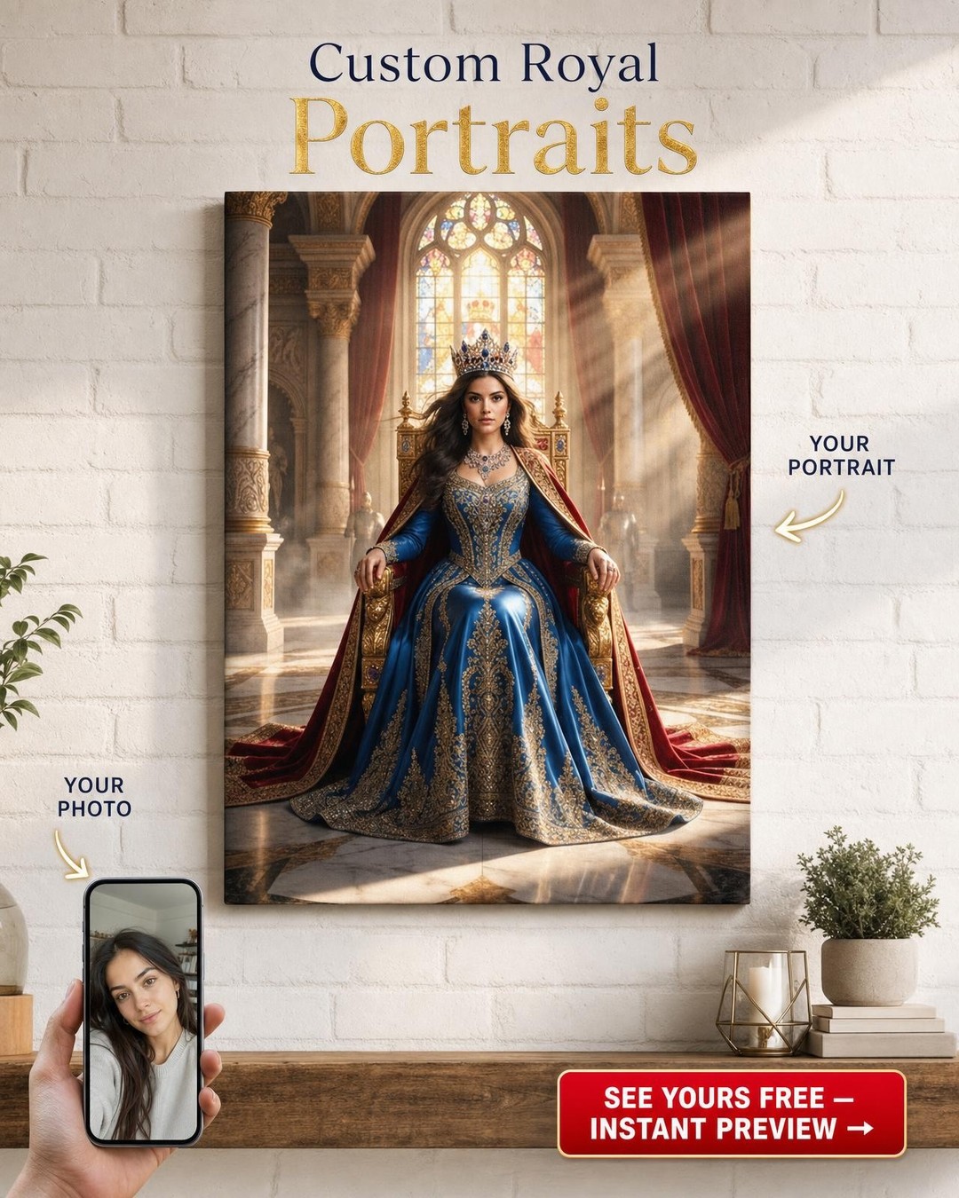 Custom Royal Woman Portrait — Regal Crown & Throne Canvas