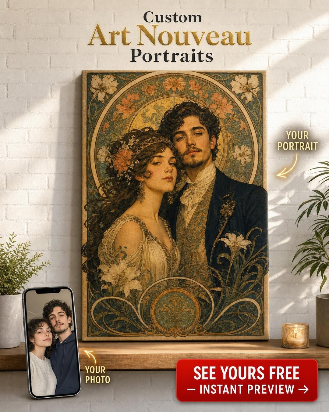 Twin Muse Art Nouveau Custom Portrait from Photo | Personalized Canvas Gift