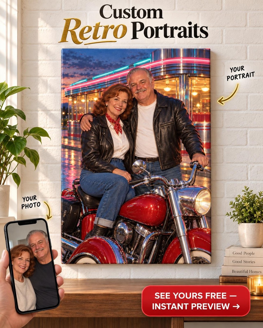 1950s Diner Stop Motorcycle Couple Custom Portrait from Photo | Personalized Motorcycle Portrait Gift