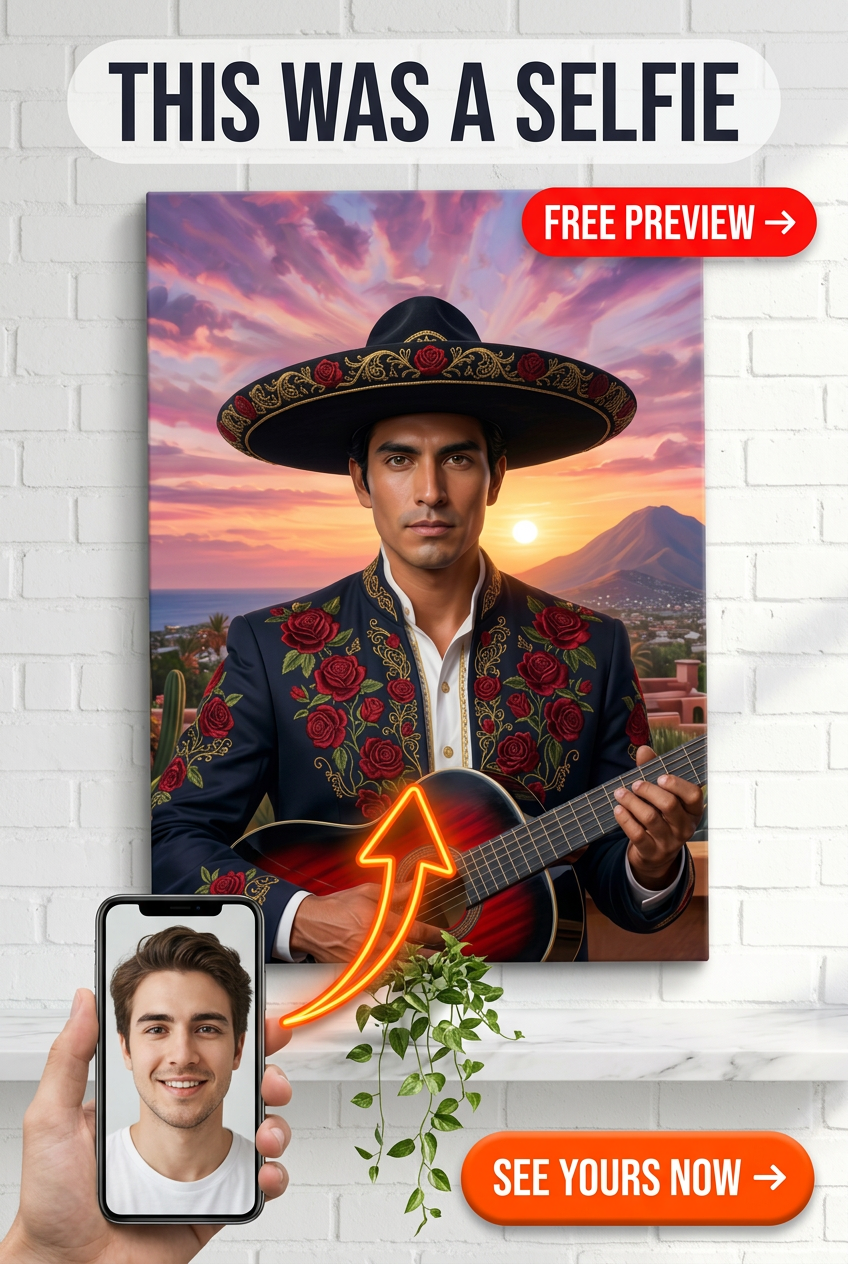 Custom Musician Man Portrait — Heroic Guitar & Sunset Canvas