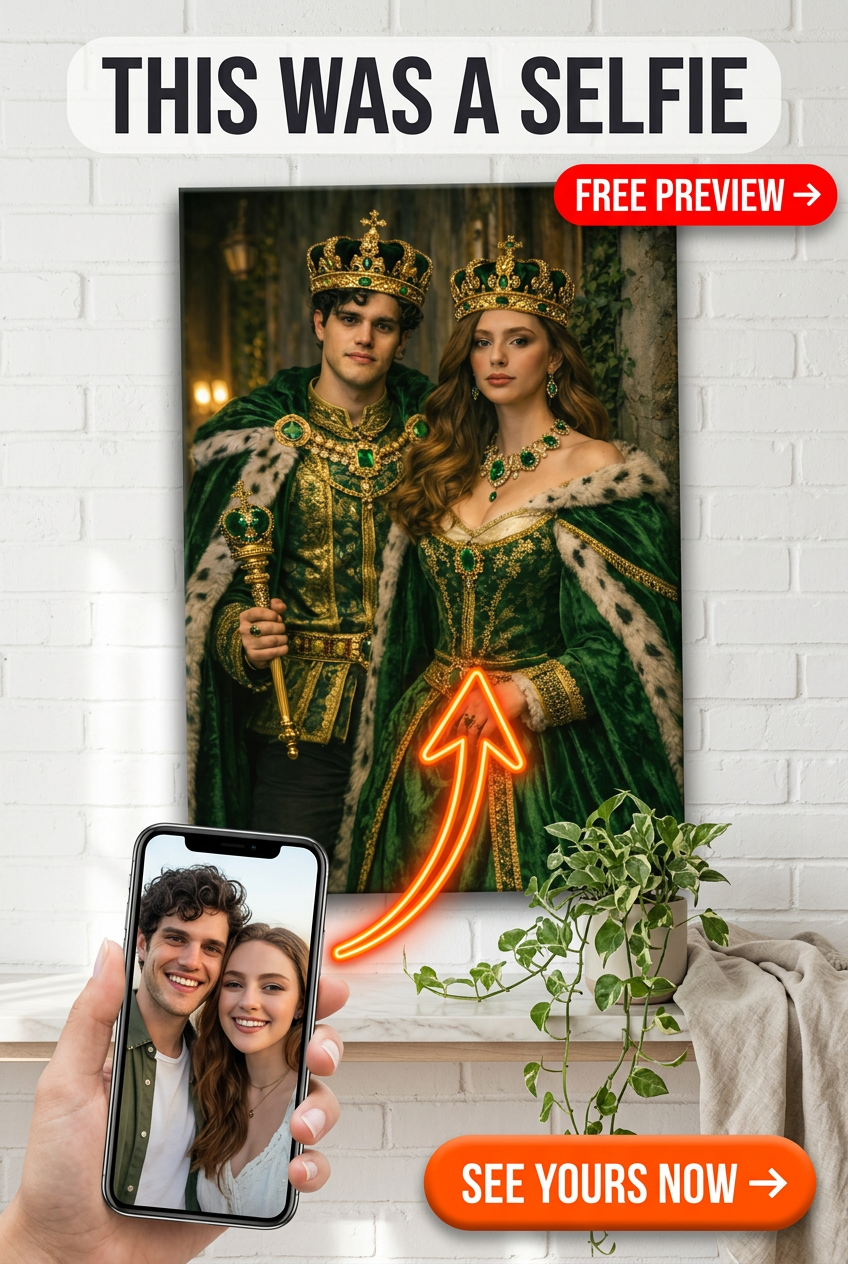 Portrait personnalisé royal vert émeraude & or à partir d'une photo | Cadeau personnalisé pour couples