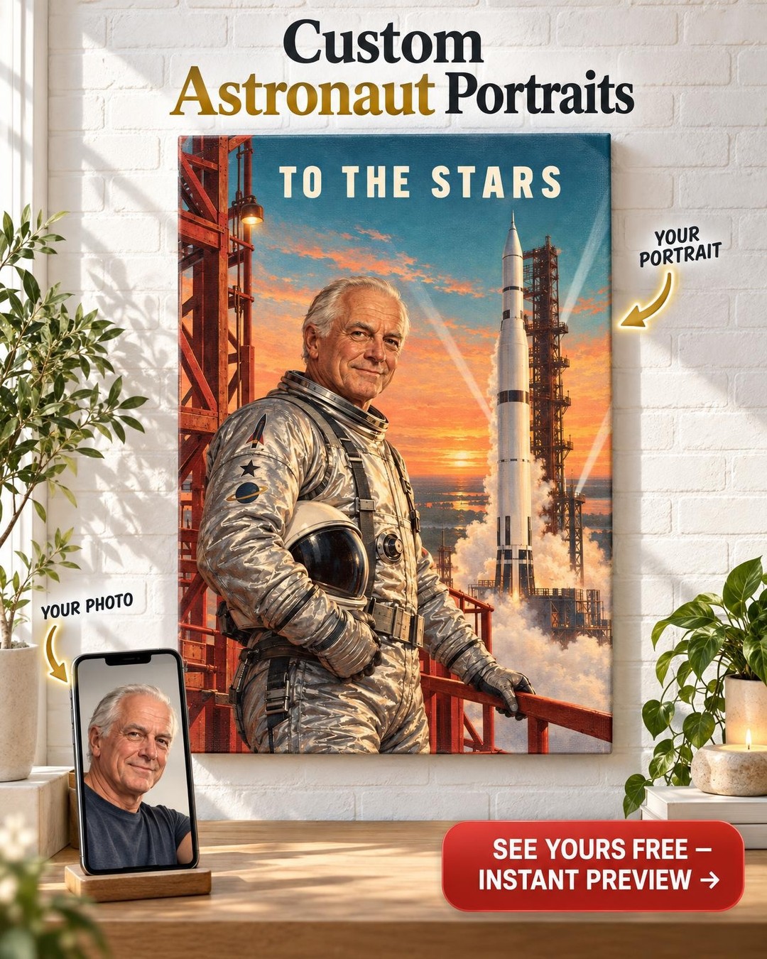 Space-Race Launch Tower Custom Portrait from Photo | Personalized Retro Space Portrait Gift