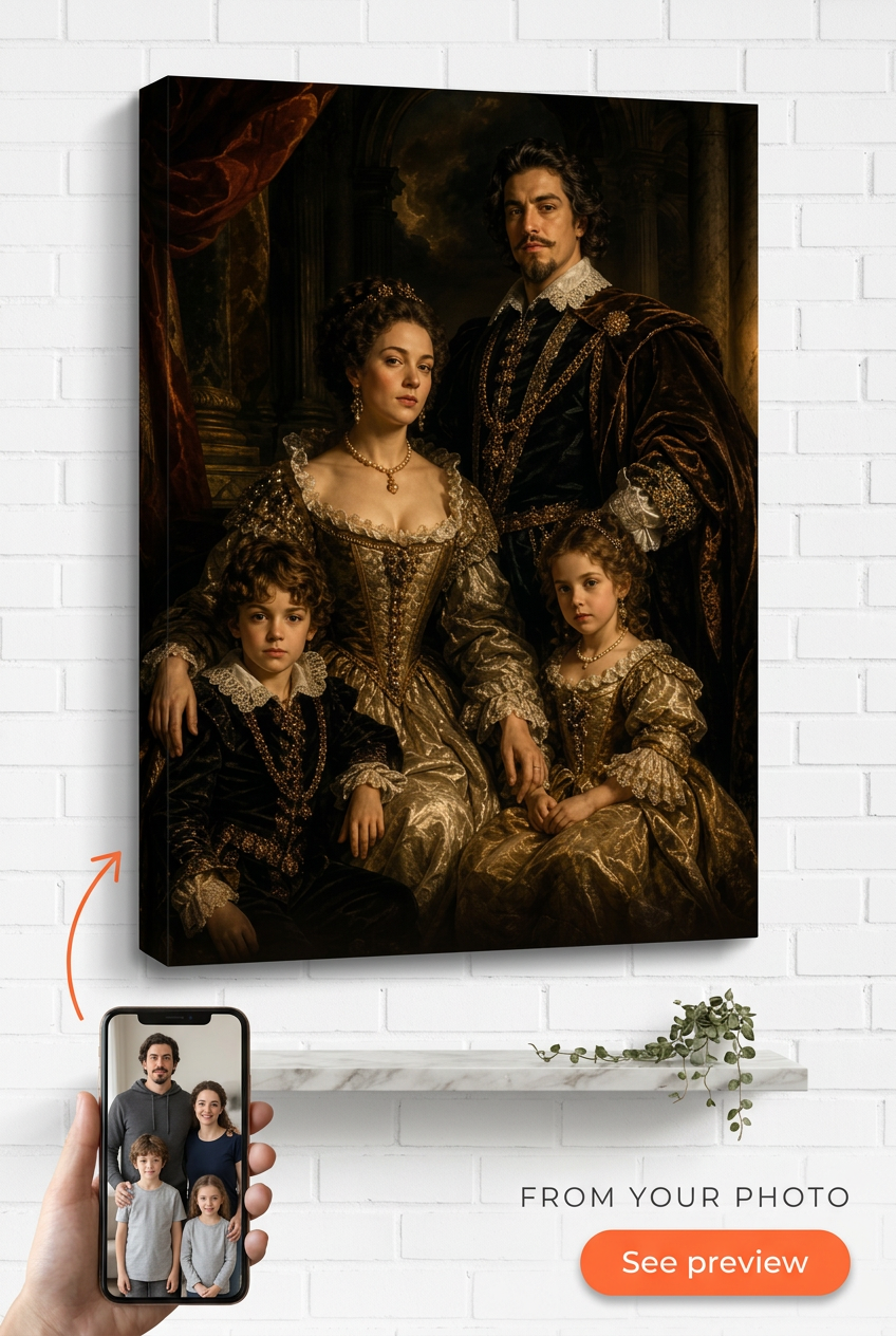 Custom Baroque Family Portrait — Regal Crown & Throne Canvas