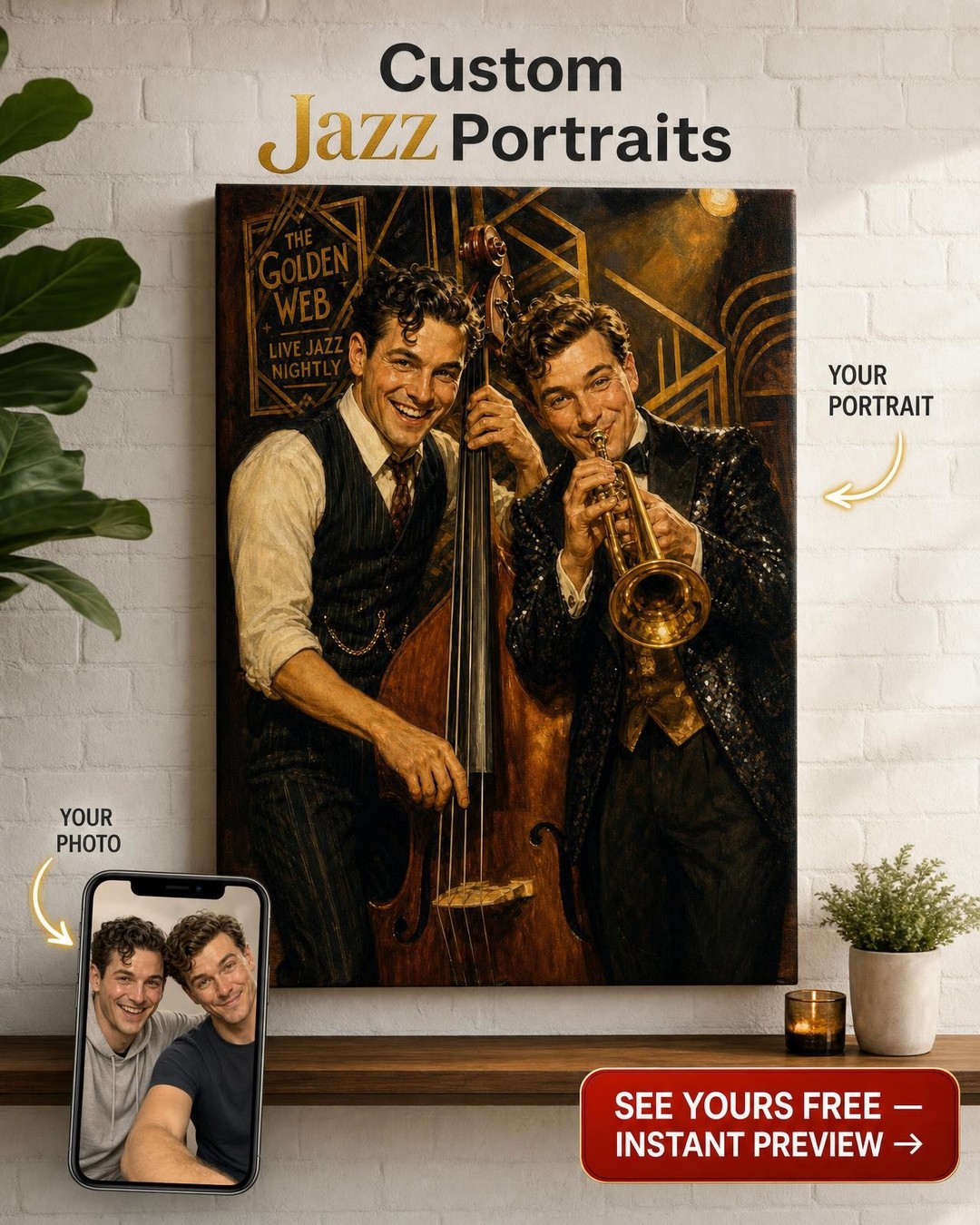 Speakeasy House Band Custom Portrait from Photo | Personalized Couple Gift