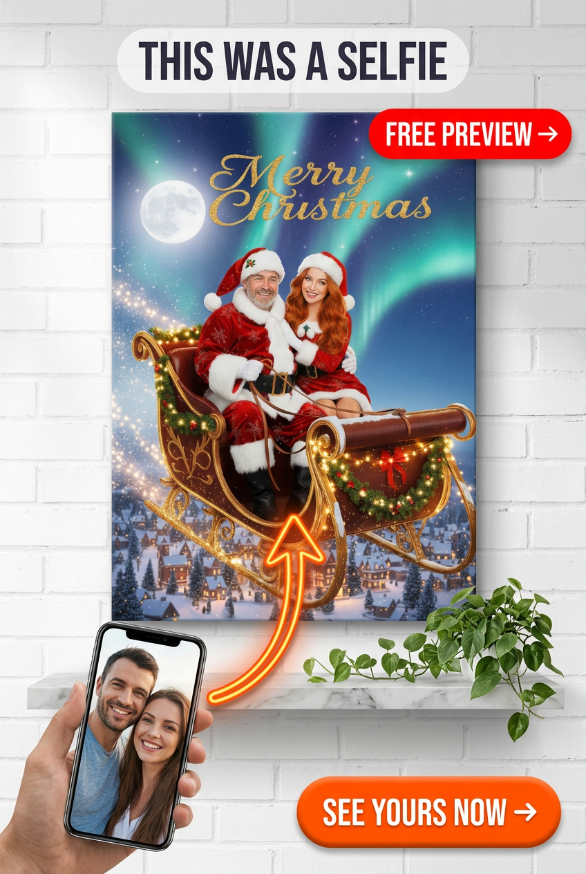 Custom Christmas Couple Portrait — Festive Sleigh & Aurora Canvas