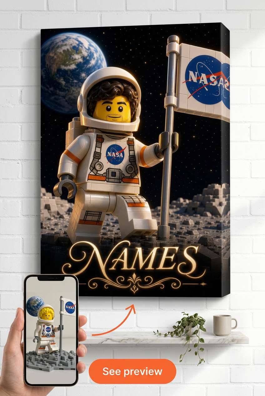Custom Brick Minifigure Astronaut Adventure Portrait from Photo | Personalized Gift