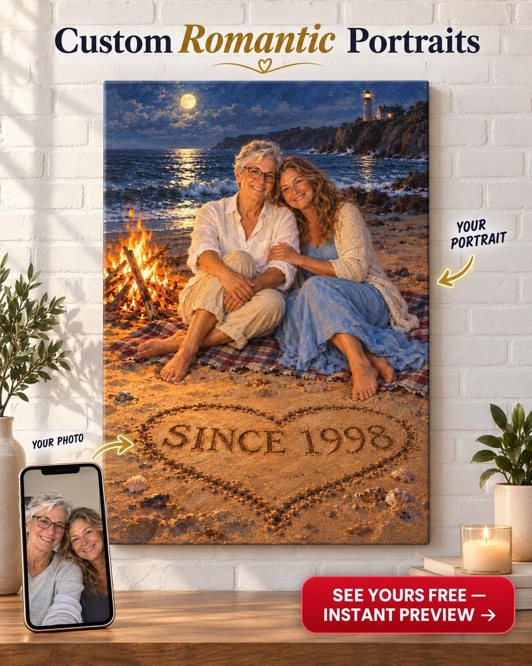 Beach Evening Bonfire Custom Portrait from Photo | Personalized LGBTQ Couple Gift