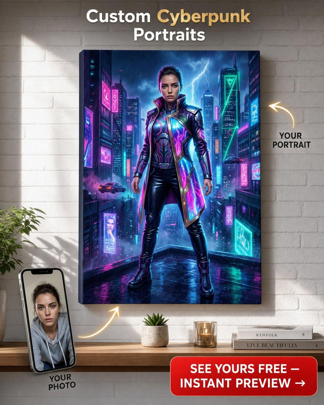 Custom Cyberpunk Man Portrait — Heroic Neon Cityscape Canvas