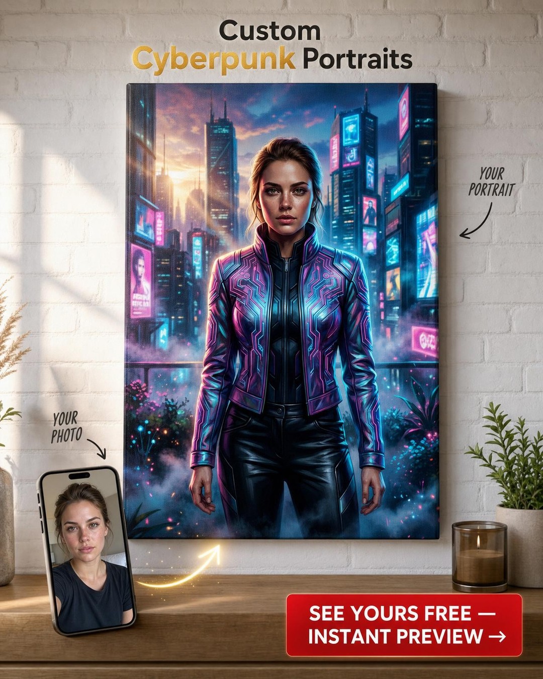 Custom Cyberpunk Man Portrait — Heroic Neon Cityscape Canvas