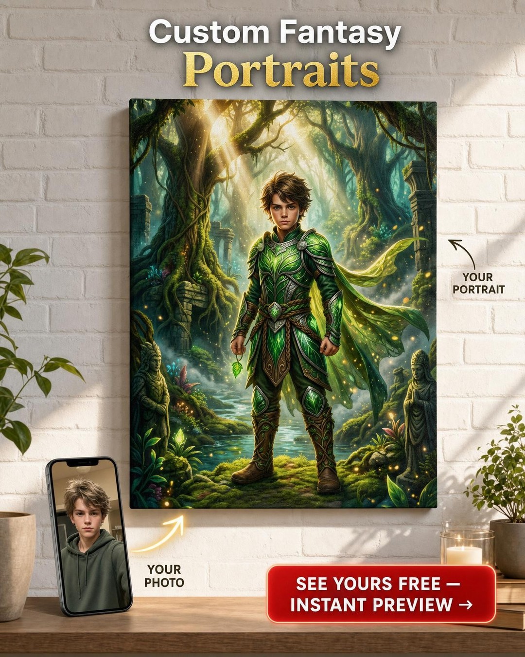 Custom Fantasy Boy Portrait — Heroic Armor & Magic Canvas