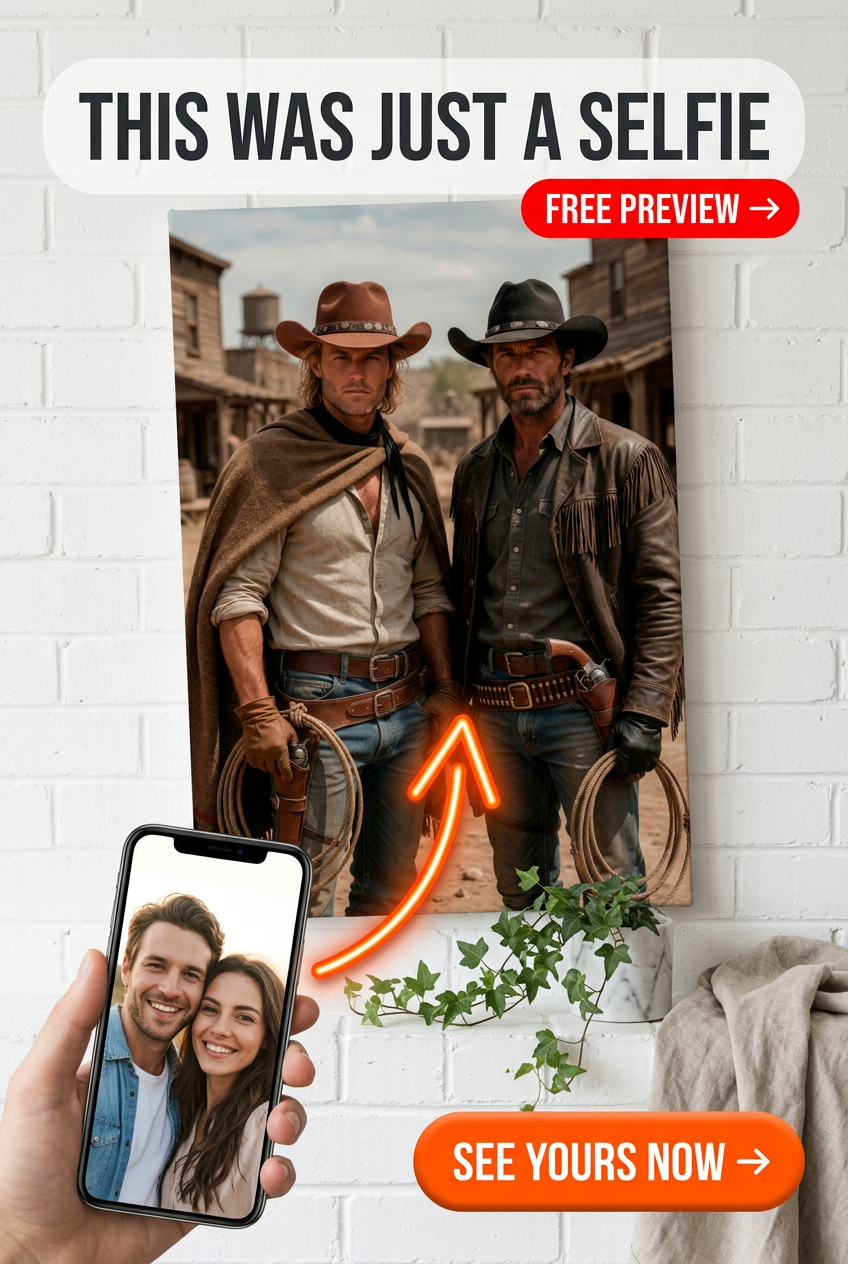 Custom Cowboy Couple Portrait — Heroic Western Canvas from Photo