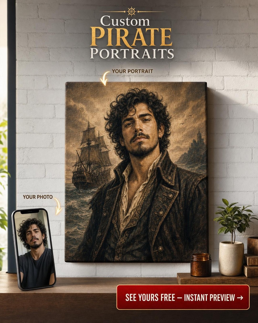 Sea Pirate Bounty Poster Custom Portrait from Photo | Personalized Canvas Gift