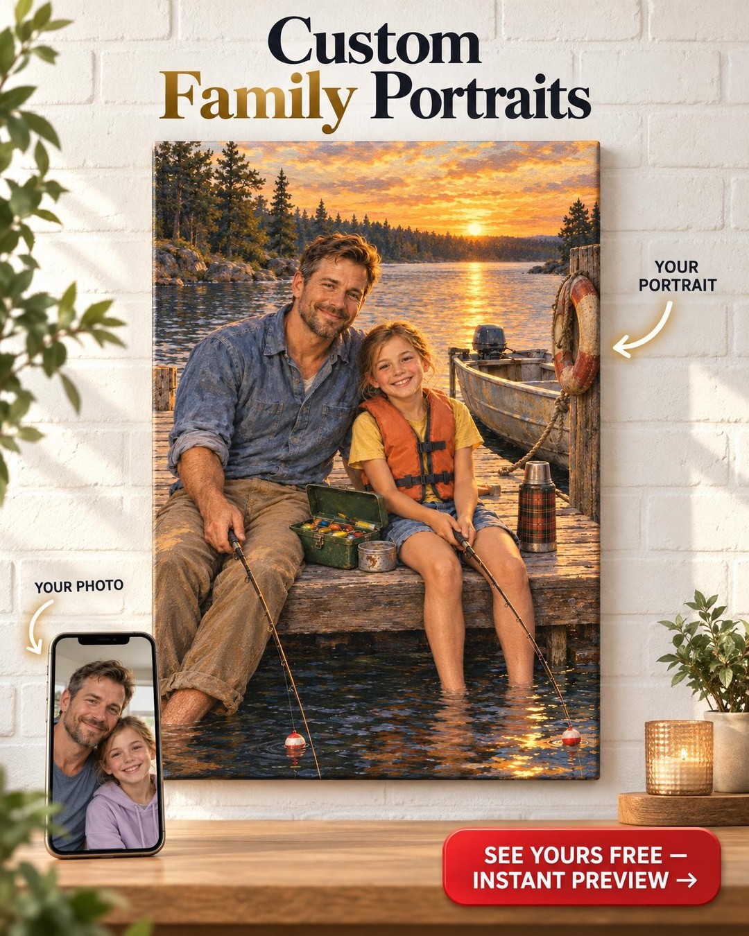 Dad and Child Fishing Together Custom Portrait from Photo | Personalized Fishing Together Gift