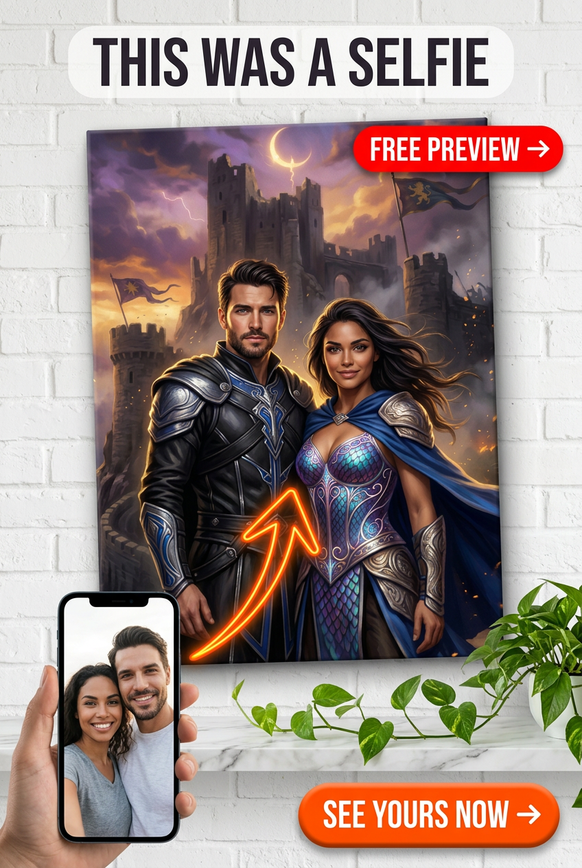 Custom Fantasy Couple Portrait — Heroic Castle Canvas from Photo
