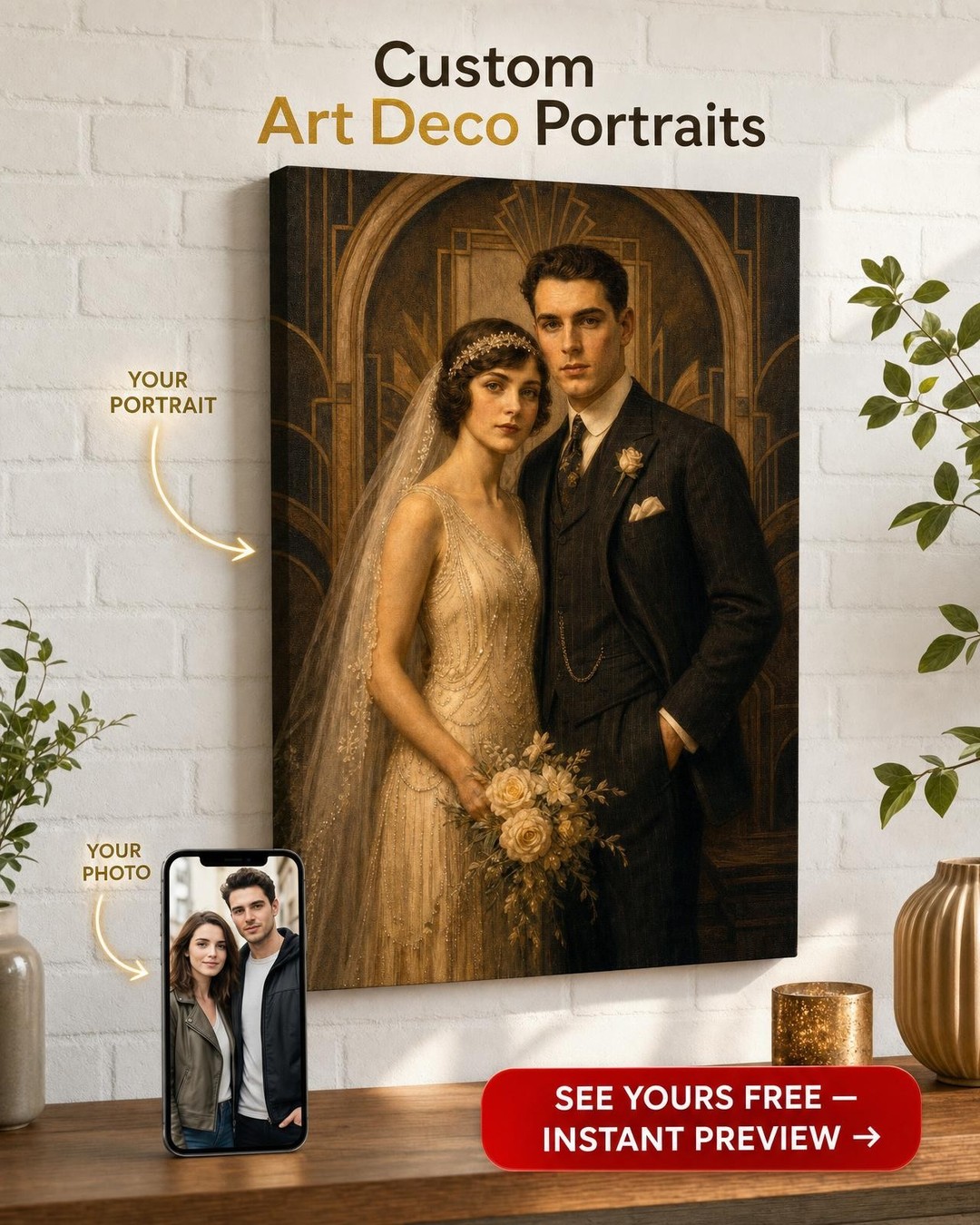 Custom Wedding Couple Portrait — Regal Canvas from Photo