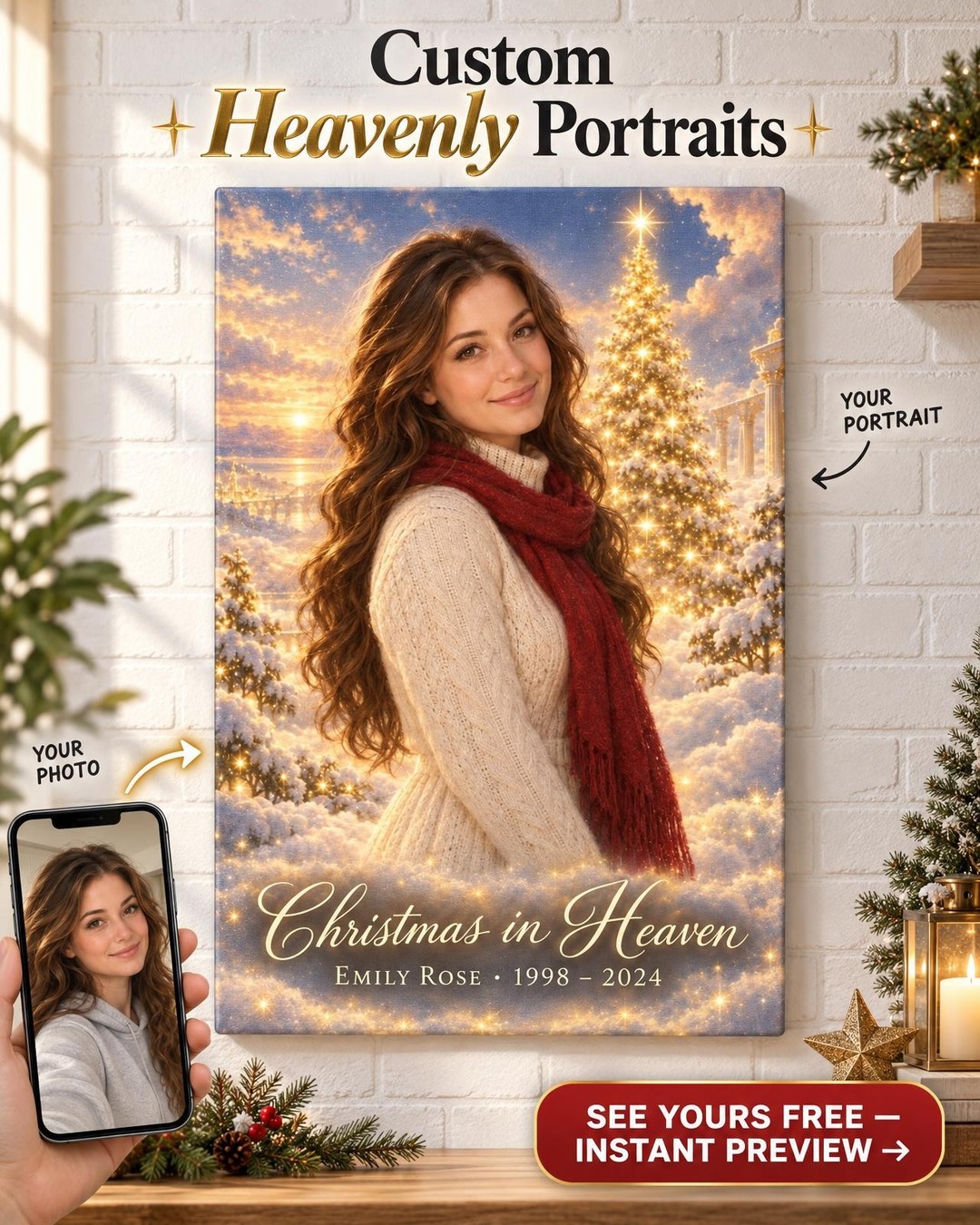 Christmas in Heaven Daughter Memorial Custom Portrait from Photo | Personalized Daughter Memorial Gift