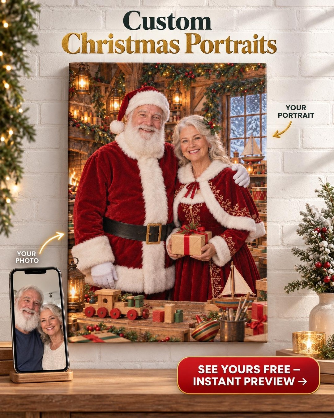 Custom Santa & Mrs. Claus Couple Portrait — North Pole Toy Workshop Canvas from Photo