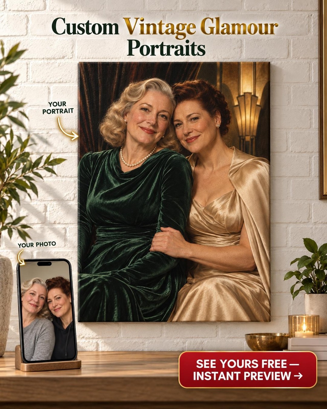 Two Leading Ladies Classic Hollywood Custom Portrait from Photo | Personalized LGBTQ Couple Gift