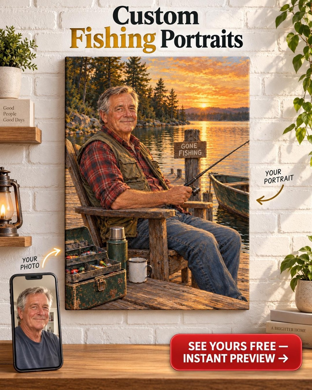 Gone Fishing Custom Portrait for Him from Photo | Personalized Fishing Gift