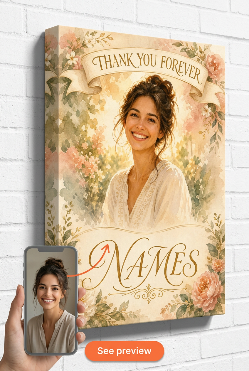 Thank You Forever Gift Canvas — Whimsical Floral Portrait Canvas from Photo