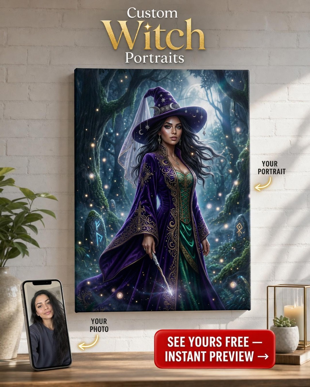 Custom Fantasy Woman Portrait — Wizard Canvas from Photo