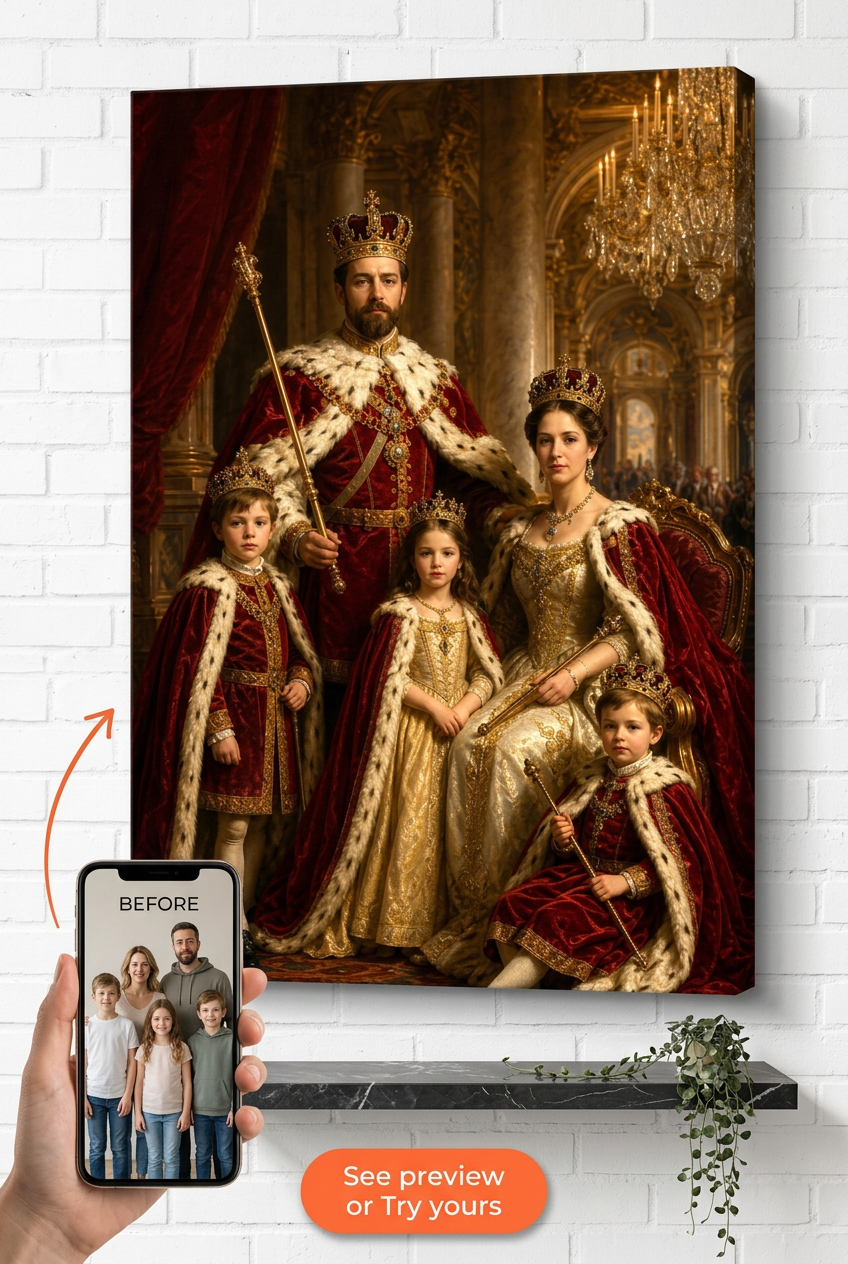 Custom Royal Family Portrait — Regal Throne Canvas from Photo