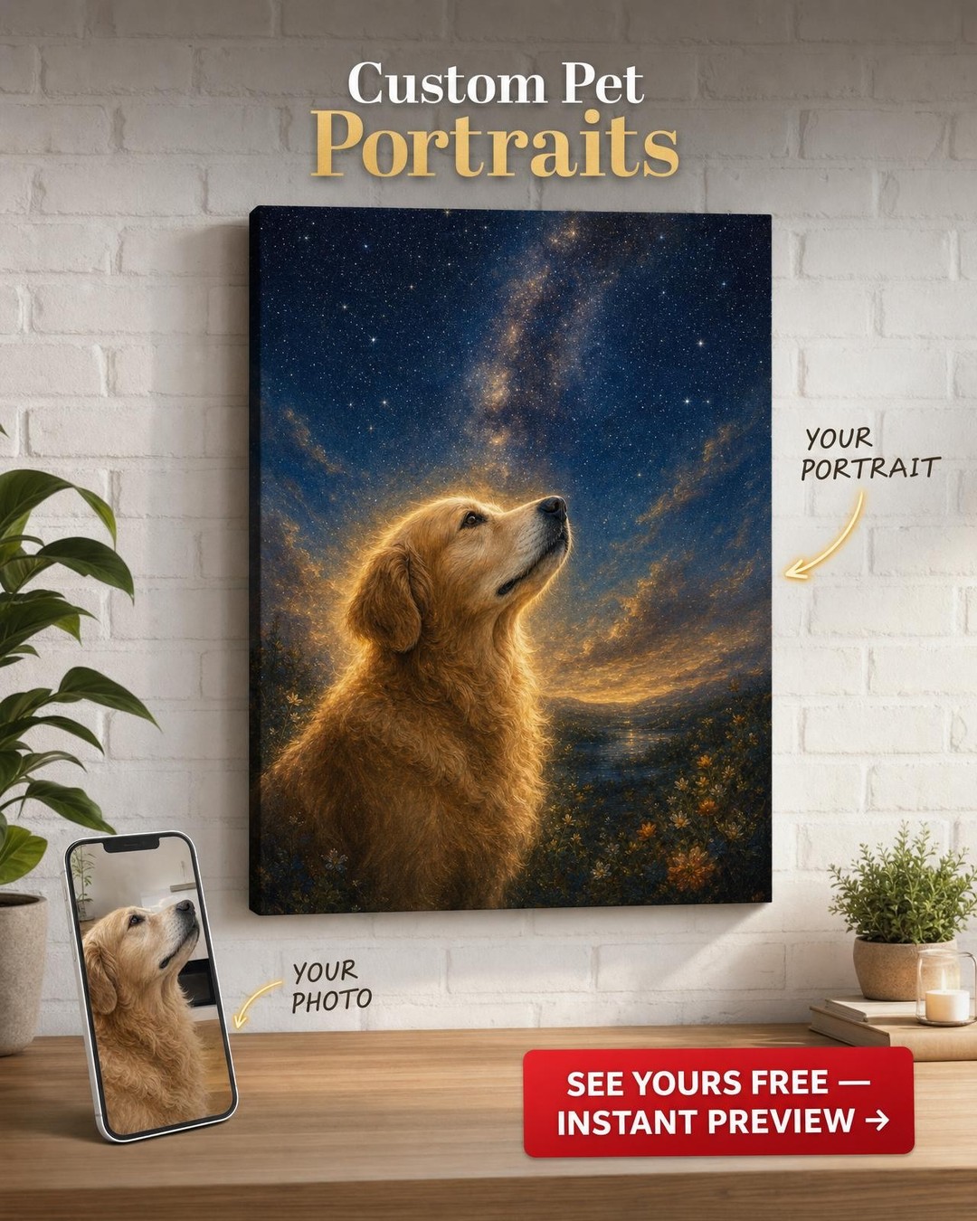 Custom Memorial Dog Portrait — Golden Retriever in Starry Sunset from Photo