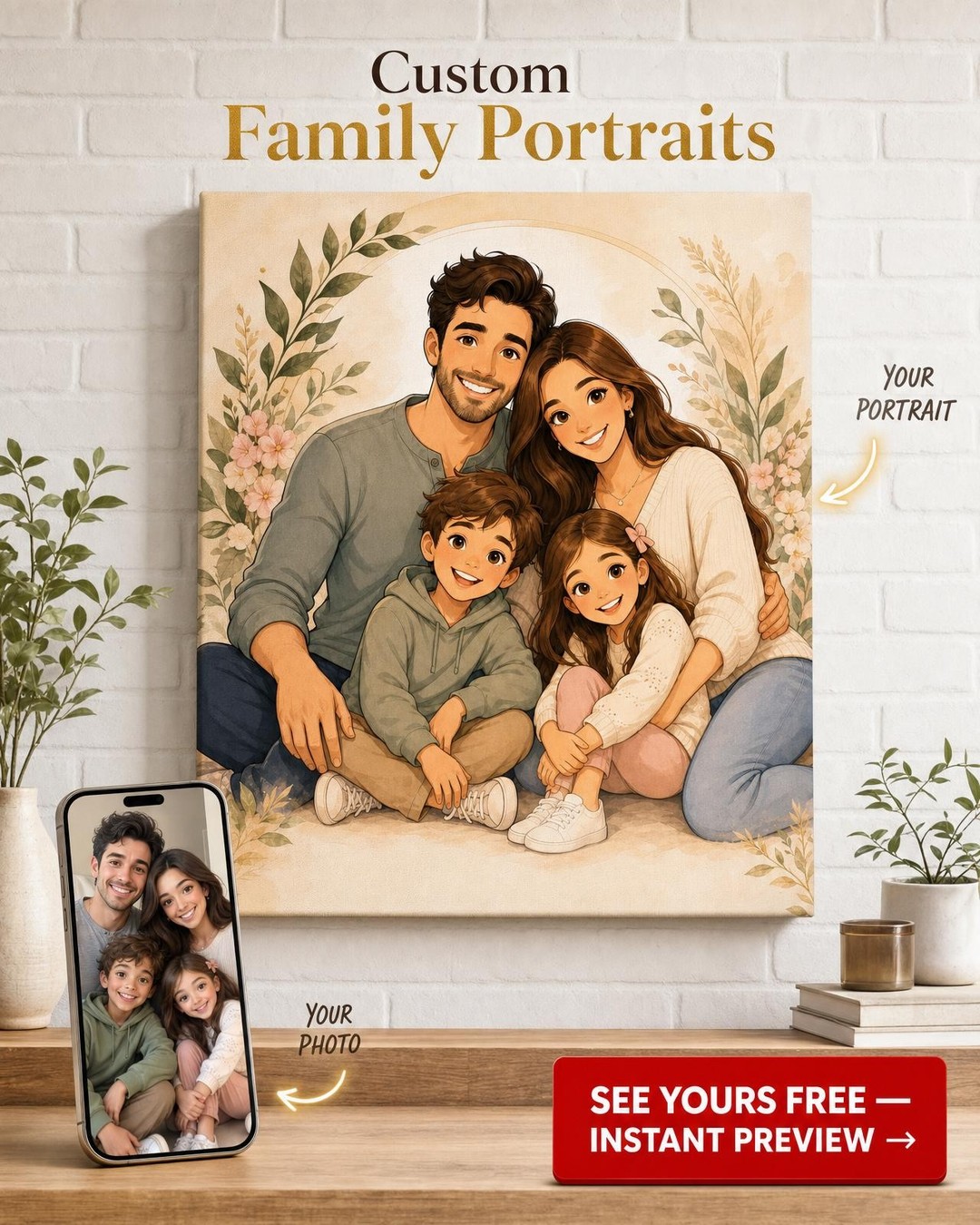 Beautiful Cartoon Family Portrait Canvas