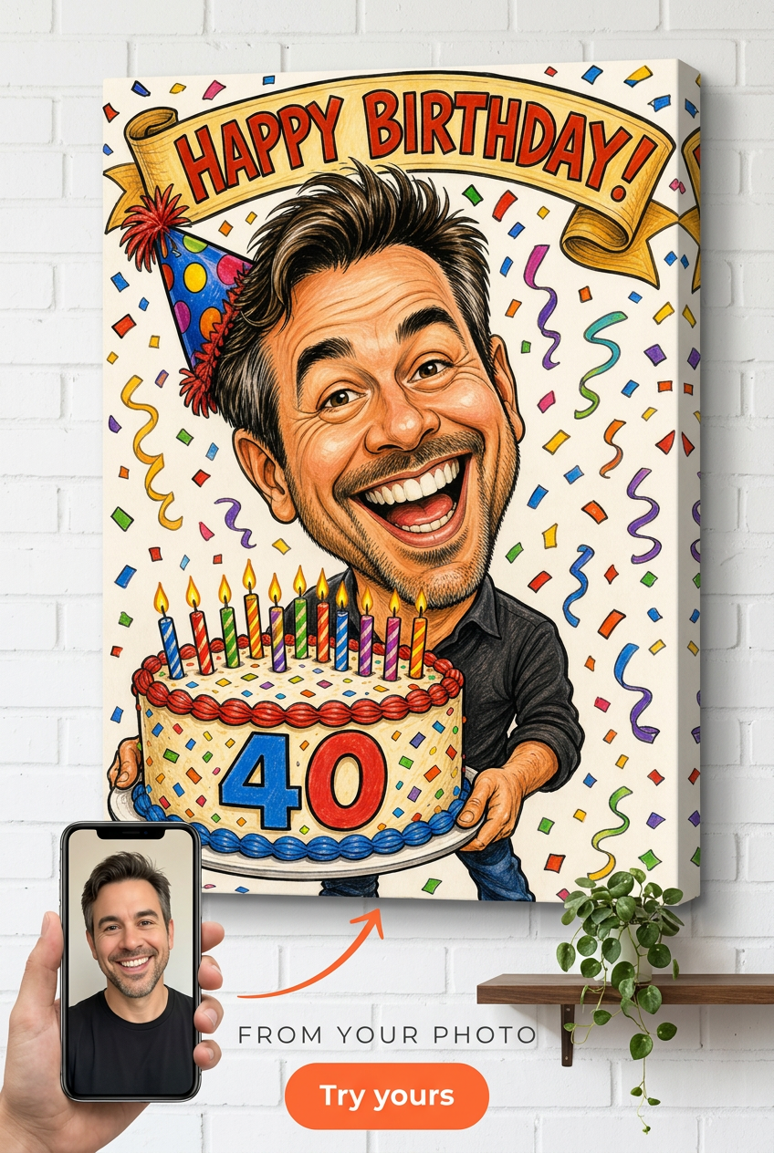 Custom Caricature Portrait for Man — Festive Birthday Canvas