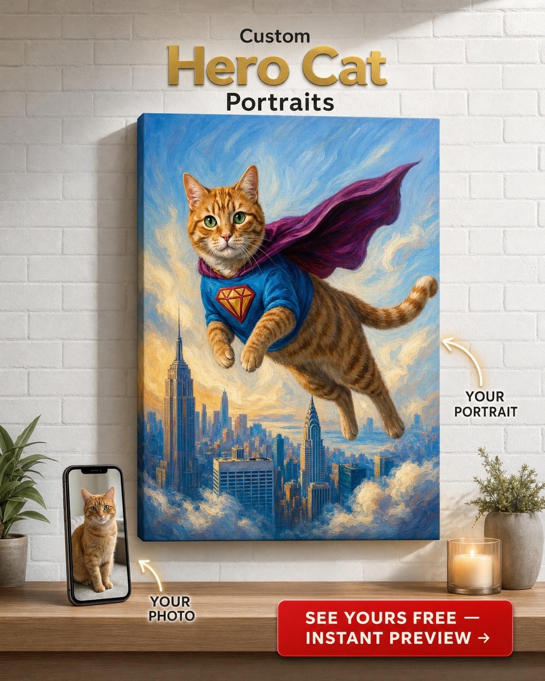 Custom Superhero Cat Portrait — Whimsical Pet Canvas Art
