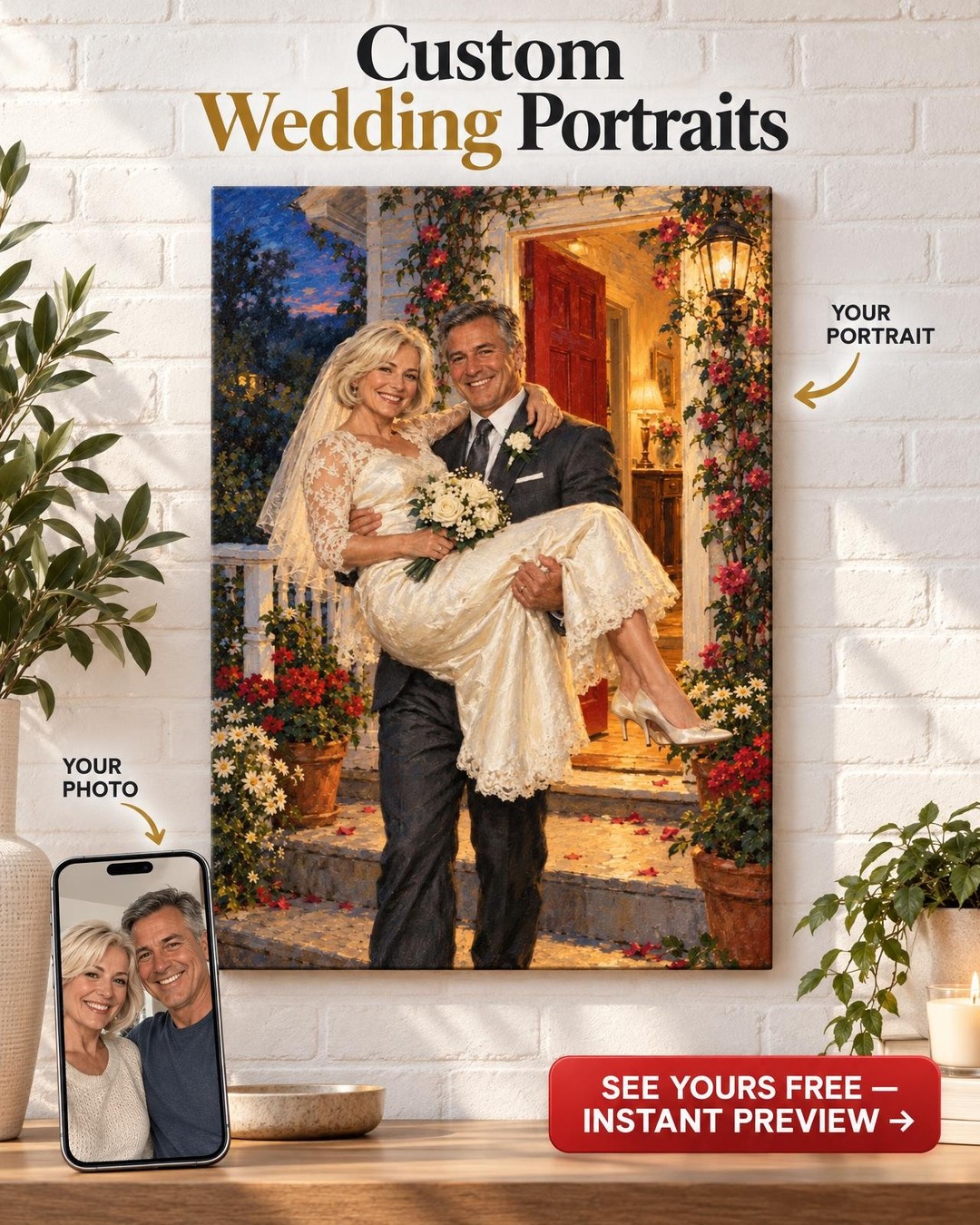 Over the Threshold Wedding Custom Portrait from Photo | Personalized Wedding Memory Portrait Gift
