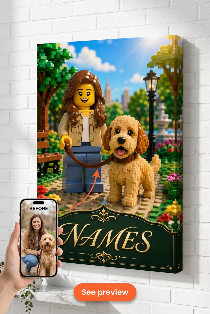 Custom Brick Minifigure Dog Owner Canvas Portrait | Personalized Gift