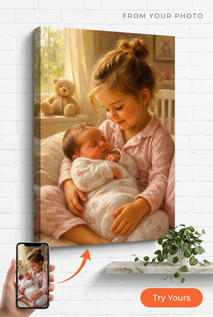 Gift for New Mom — Tender Sibling Love Canvas from Photo