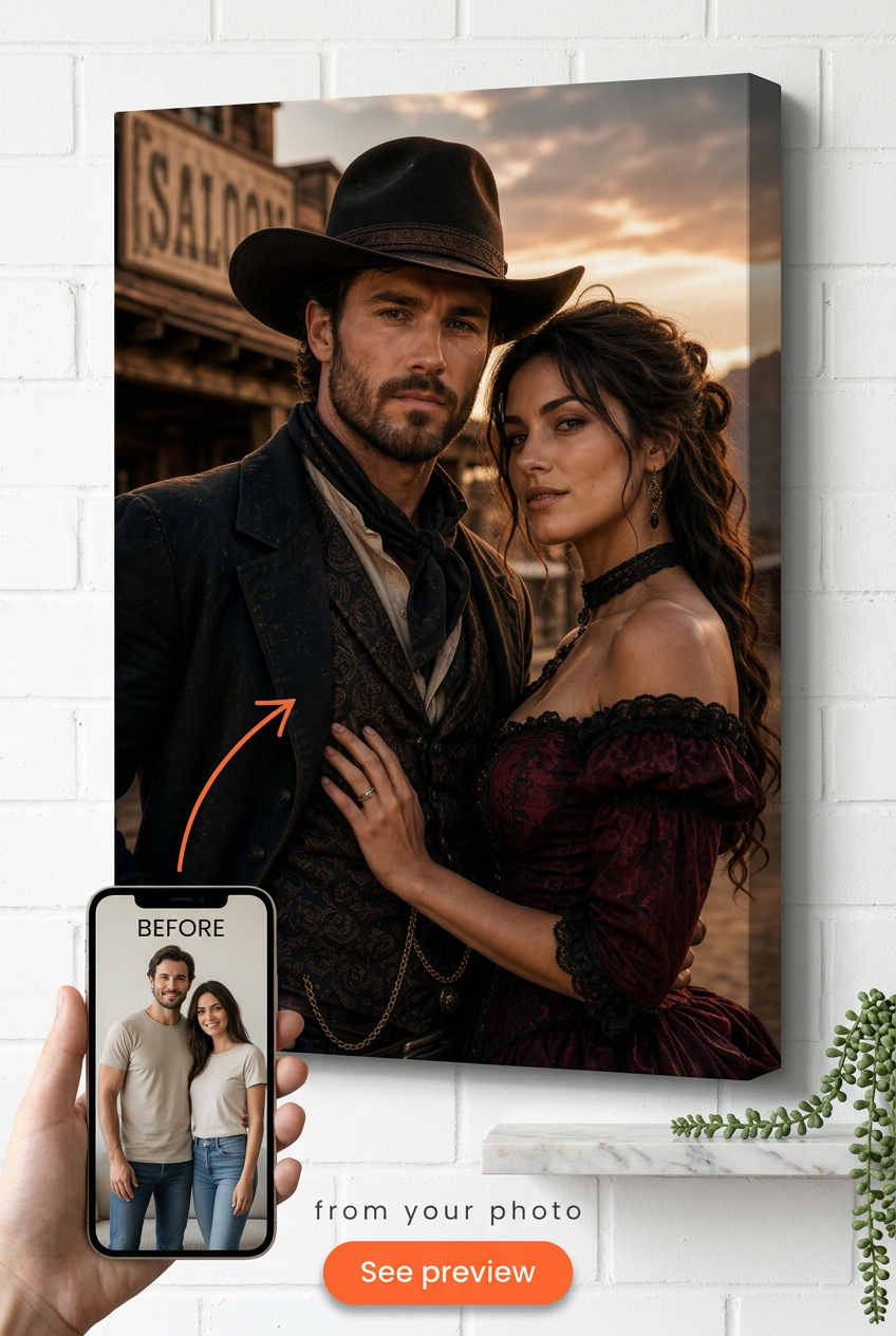 Custom Cowboy Couple Portrait — Western Saloon Canvas from Photo