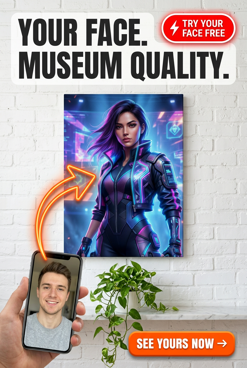 Custom Cyberpunk Single Man Portrait — Neon Futuristic Canvas for Her