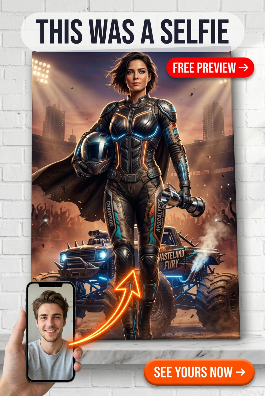 Custom Sci-Fi Man Portrait — Heroic Helmet & Monster Truck Canvas