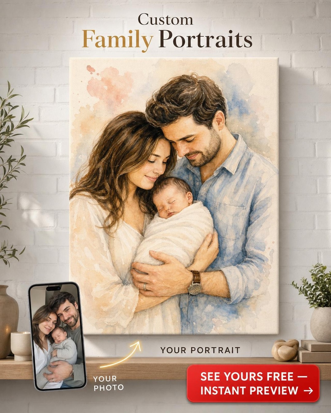 Custom New Baby Family Portrait — Serene Canvas from Photo