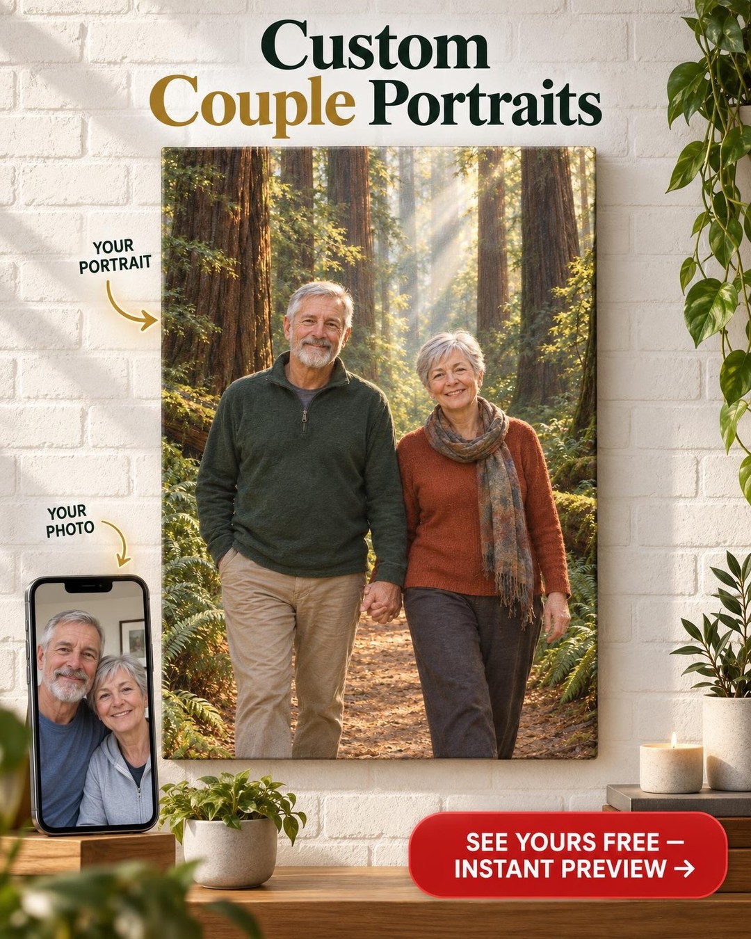 Redwood Forest Walk Couple Custom Portrait from Photo | Personalized Serenity Gift