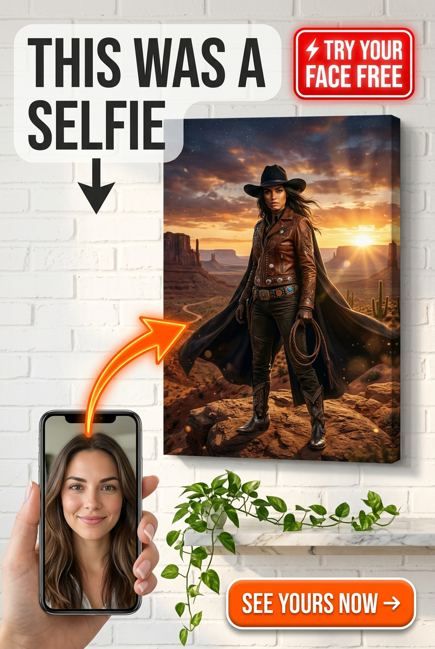 Custom Cowboy Woman Portrait — Heroic Western Canvas from Photo