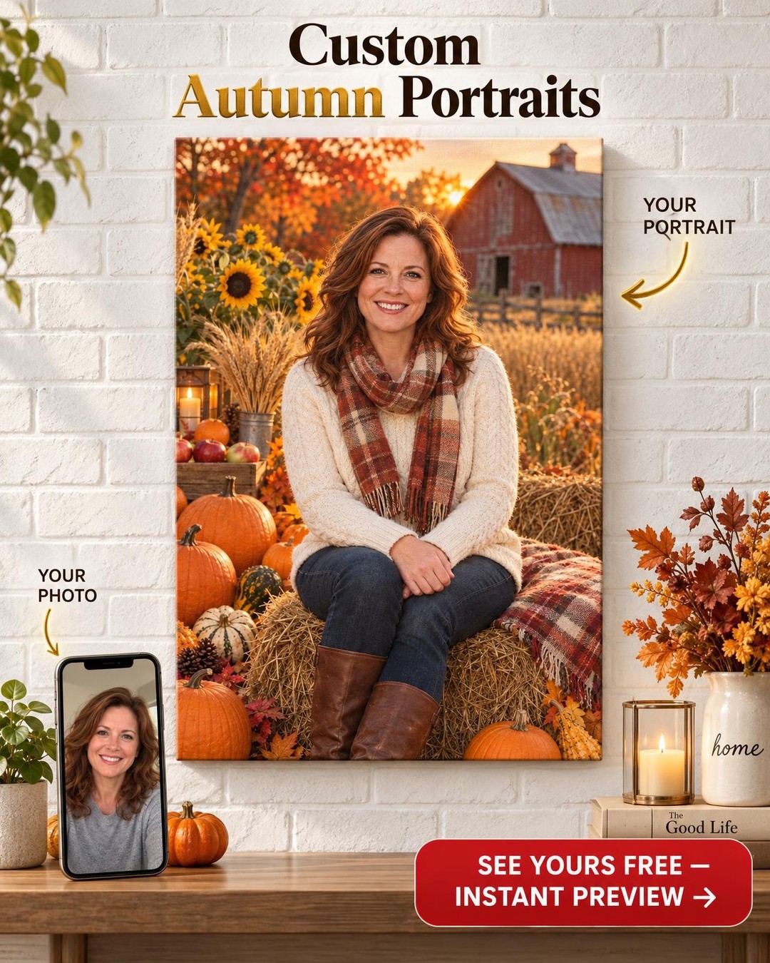 Custom Fall Portrait for Her — Hay Bales & Sunflowers Canvas from Photo