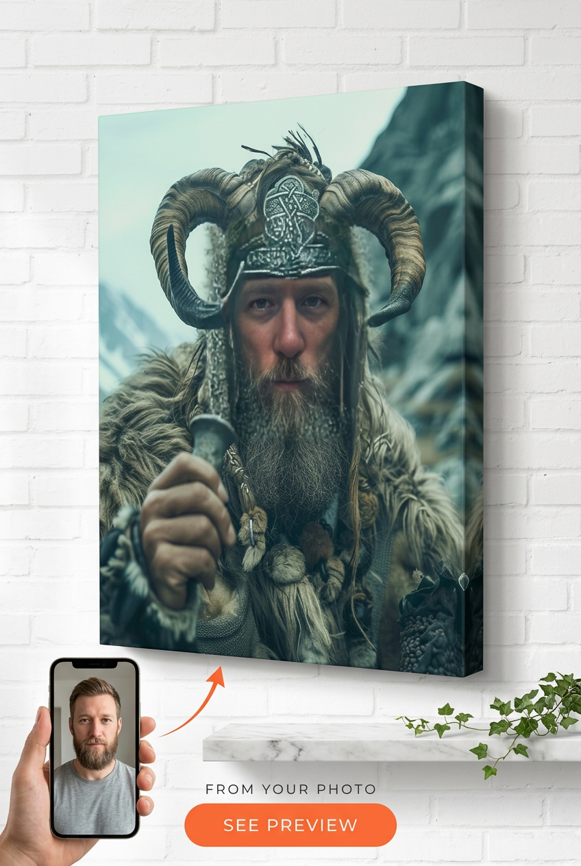 Custom Viking Man Portrait — Heroic Beard & Horned Helmet Canvas