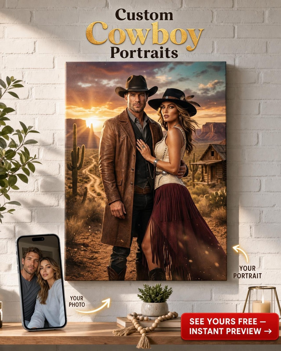 Custom Cowboy Couple Portrait Canvas — Romantic Western Art