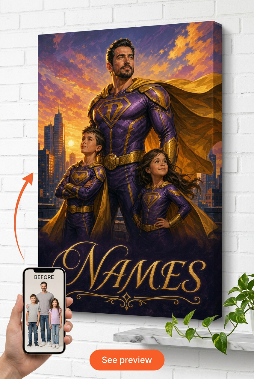 Father's Day Superhero Dad Custom Portrait from Photo | Personalized Gift