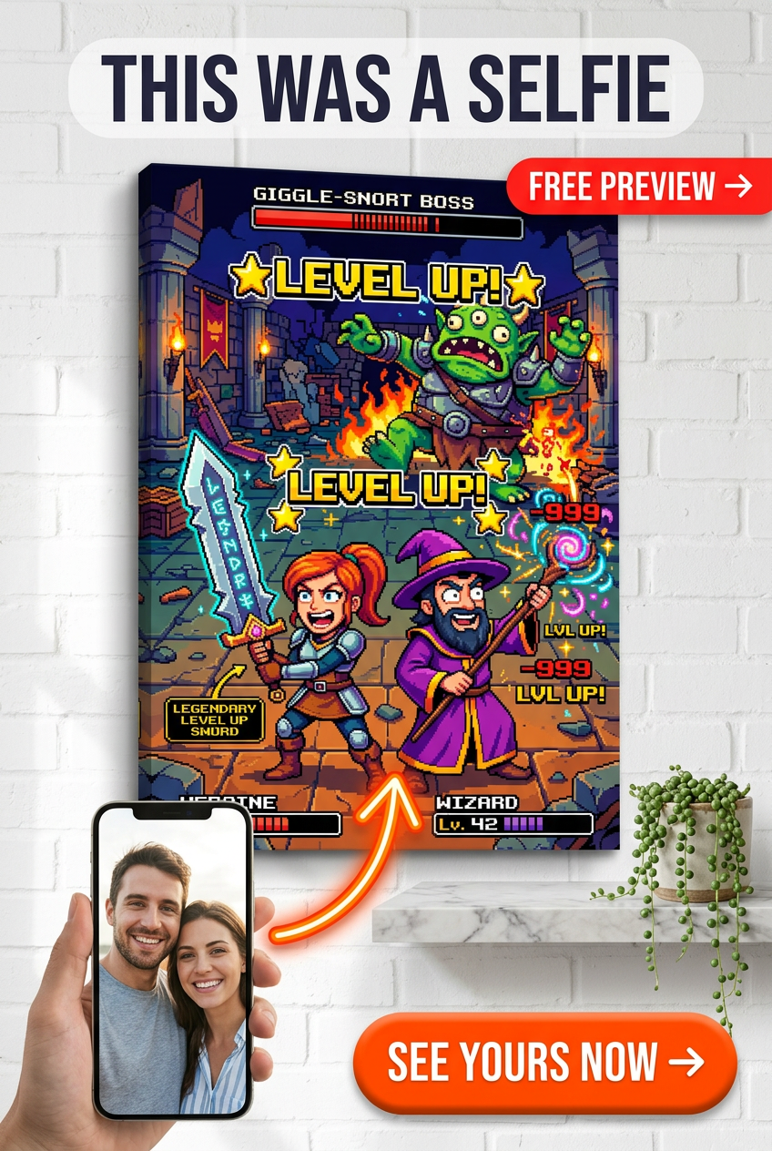 Custom Pixel Art Couple Portrait — Whimsical Game Boss Battle Canvas