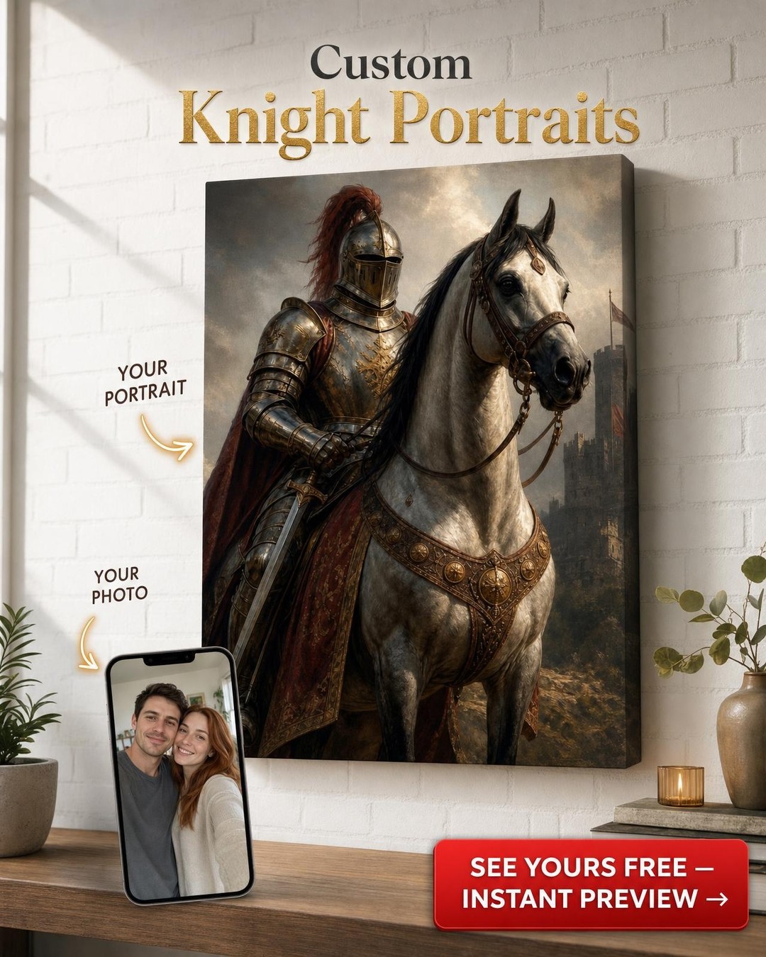 Custom Knight Portrait from Photo — Heroic Armor Canvas for Men