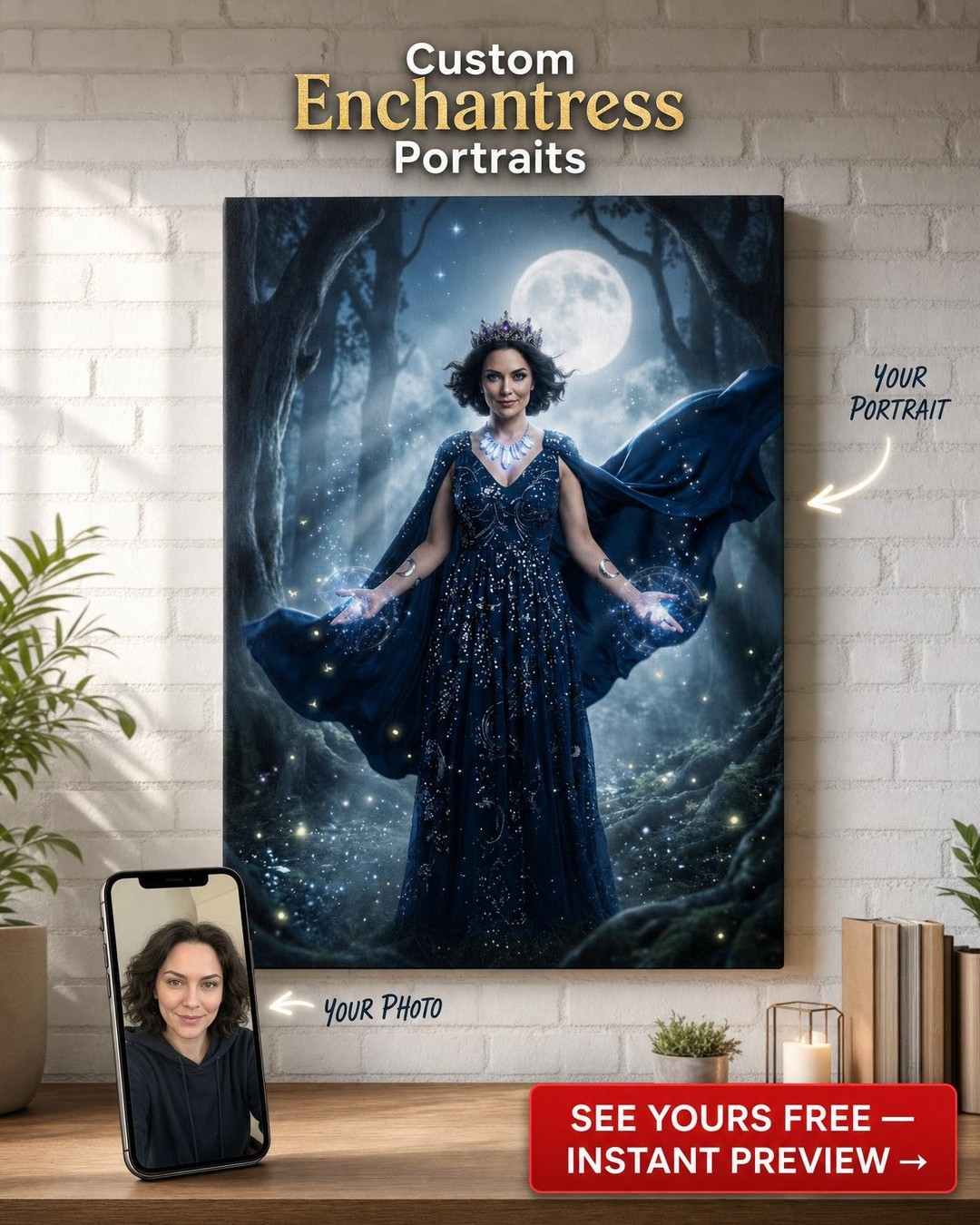 Custom Fantasy Woman Portrait — Whimsical Moon & Magic Canvas